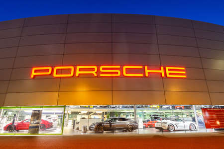 Stuttgart, Germany - March 2, 2021: Porsche car dealer cars in Stuttgart, Germany.のeditorial素材