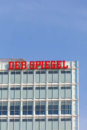 Hamburg, Germany - April 21, 2021: Der Spiegel logo headquarters at Ericusspitze in the HafenCity portrait format in Hamburg, Germany.のeditorial素材