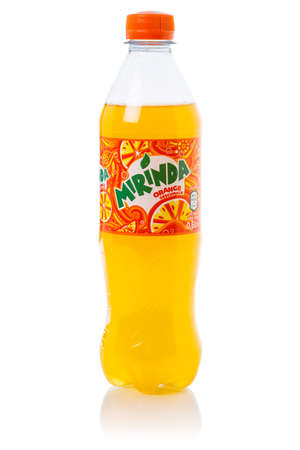 Stuttgart, Germany - August 27, 2021: Mirinda orange lemonade soft drink bottle isolated on a white background in Stuttgart, Germany.のeditorial素材