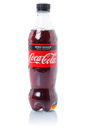 Stuttgart, Germany - August 29, 2021: Coca Cola Coca-Cola Coke Zero Sugar lemonade soft drink in a plastic bottle isolated on a white background in Stuttgart in Germany.のeditorial素材