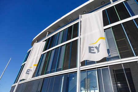 Stuttgart, Germany - December 19, 2020: Ernst & Young EY headquarter HQ Skyloop building at Stuttgart airport in Germany.のeditorial素材