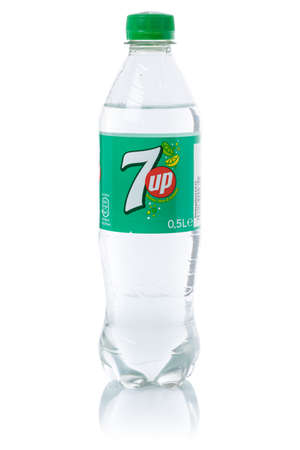 Stuttgart, Germany - August 27, 2021: 7 up lemonade soft drink bottle isolated on a white background in Stuttgart, Germany.のeditorial素材