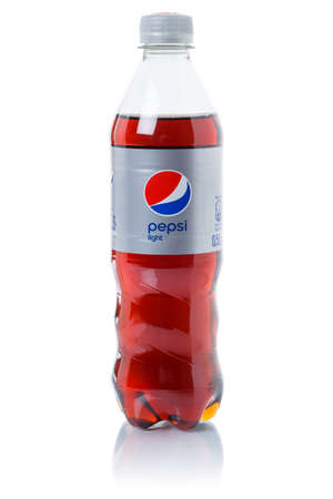Stuttgart, Germany - August 30, 2021: Pepsi light Cola lemonade soft drink bottle isolated on a white background in Stuttgart, Germany.のeditorial素材