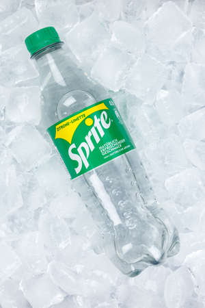 Stuttgart, Germany - August 31, 2021: Sprite lemonade soft drink in a plastic bottle on ice cubes portrait format in Stuttgart, Germany.のeditorial素材