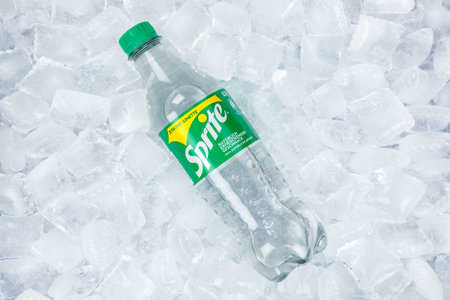 Stuttgart, Germany - August 31, 2021: Sprite lemonade soft drink in a plastic bottle on ice cubes in Stuttgart, Germany.のeditorial素材