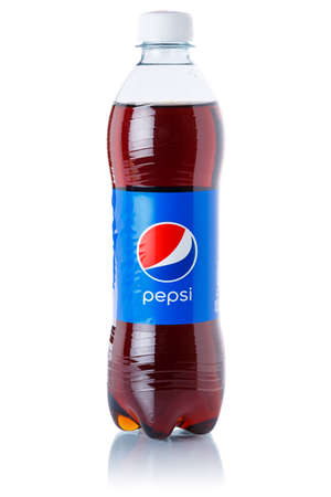 Stuttgart, Germany - August 24, 2021: Pepsi Cola lemonade soft drink bottle isolated on a white background in Stuttgart, Germany.のeditorial素材