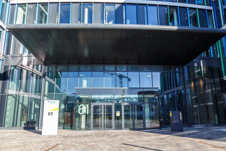 Stuttgart, Germany - December 19, 2020: Ernst & Young EY headquarter HQ Skyloop building at Stuttgart airport in Germany.のeditorial素材