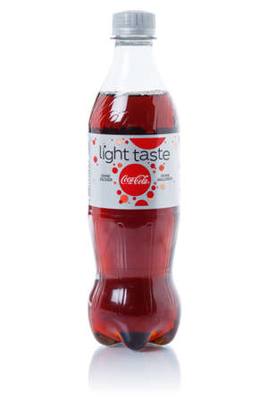 Stuttgart, Germany - August 29, 2021: Coca Cola Coca-Cola light Coke lemonade soft drink bottle isolated on a white background in Stuttgart, Germany.のeditorial素材