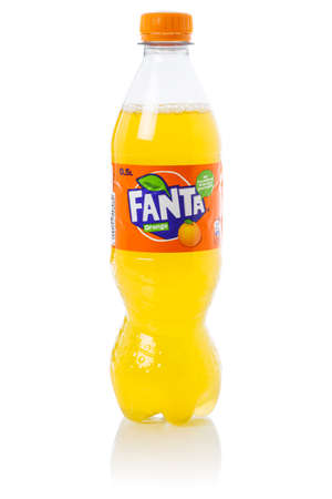 Stuttgart, Germany - August 29, 2021: Fanta orange lemonade soft drink plastic bottle isolated on a white background in Stuttgart, Germany.のeditorial素材