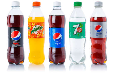 Stuttgart, Germany - August 24, 2021: Pepsi Cola 7 up lemonade soft drinks in plastic bottles isolated on a white background in Stuttgart, Germany.のeditorial素材