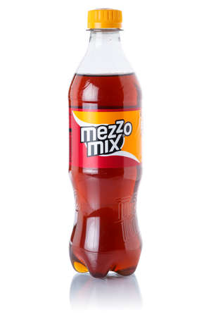 Stuttgart, Germany - August 24, 2021: Mezzo Mix lemonade soft drink bottle isolated on a white background in Stuttgart, Germany.のeditorial素材