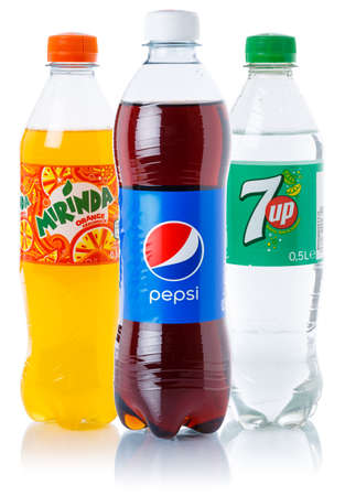 Stuttgart, Germany - August 24, 2021: Pepsi Cola 7 up Mirinda lemonade soft drinks in plastic bottles isolated in Stuttgart, Germany.のeditorial素材