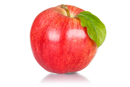 Apple fruit red with leaf fresh isolated on a white backgroundの写真素材