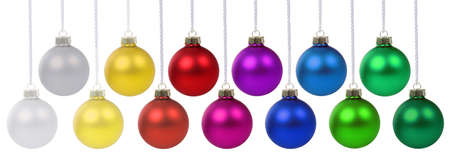Christmas balls collection of baubles decoration ornaments hanging isolated on a white backgroundの写真素材