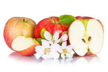 Apples fruits red apple fruit with leaves isolated on a white background slicedの写真素材