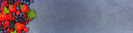 Berries fruits berry fruit strawberries strawberry blueberries blueberry with copyspace copy space panorama on a slate summerの写真素材