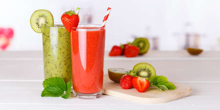 Smoothies Green smoothie fruit juice healthy drinks fruits drink in a glass panorama copyspace copy spaceの写真素材