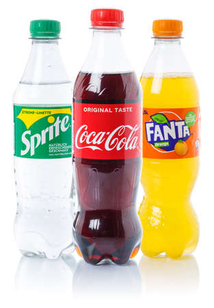Stuttgart, Germany - August 29, 2021: Coca Cola Coca-Cola Fanta Sprite lemonade drinks in plastic bottles isolated on a white background in Stuttgart in Germany.のeditorial素材