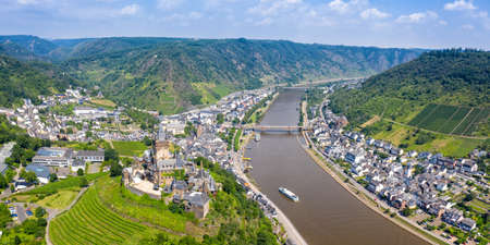 Cochem town at Moselle river Mosel with Middle Ages castle panorama in Germany aerialの写真素材