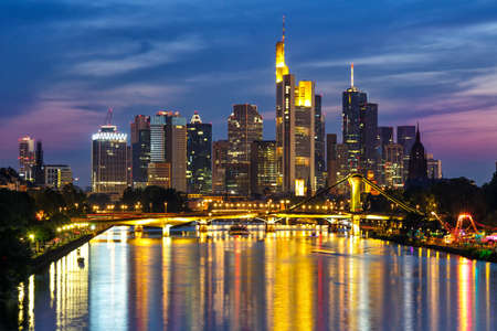 Frankfurt skyline with Main river skyscraper in Germany twilightの写真素材