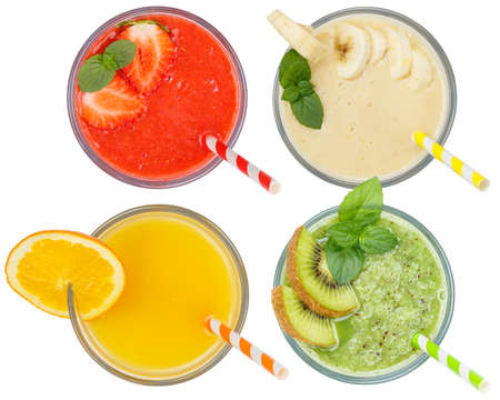 Smoothie smoothies fruit juice collection drink drinks fruits glass from above isolated on a white backgroundの写真素材