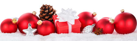 Christmas balls baubles decoration gift present ornaments banner isolated on a white backgroundの写真素材