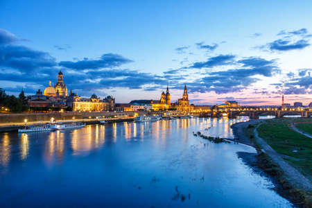 Dresden Frauenkirche church skyline Elbe old town panorama in Germany at night copyspace copy space twilightの写真素材