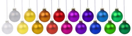 Christmas balls collection of baubles banner decoration ornaments hanging isolated on a white backgroundの写真素材