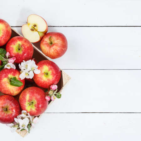 Apples fruits red apple fruit with leaves from above with copyspace copy space on a wooden board square top viewの写真素材