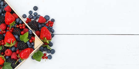 Berries fruits berry fruit strawberries strawberry blueberries blueberry with copyspace copy space from above panorama summerの写真素材