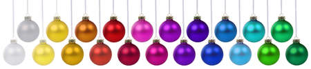 Christmas balls many baubles banner decoration ornaments hanging isolated on a white backgroundの写真素材