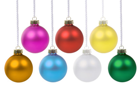Christmas ornaments balls colorful decoration hanging isolated on a white backgroundの写真素材