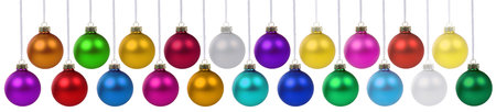Christmas ornaments many balls baubles decoration banner hanging isolated on a white backgroundの写真素材