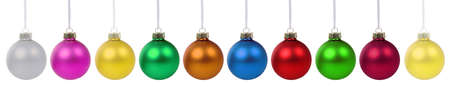 Christmas balls ball decoration banner colorful in a row isolated on a white backgroundの写真素材