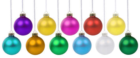Christmas ornaments balls decoration hanging isolated on a white backgroundの写真素材