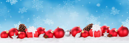 Christmas balls baubles banner with copyspace copy space decoration gifts presents ornaments backgroundの写真素材