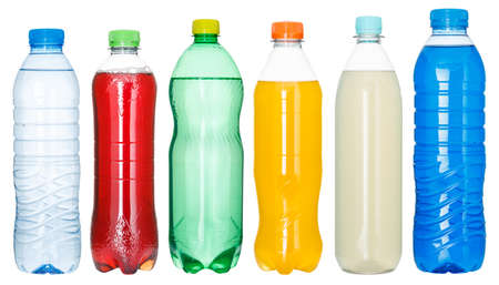 Drinks lemonade cola drink soft drinks in bottles isolated on a white backgroundの写真素材