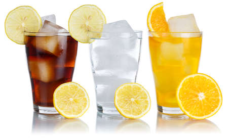 Drinks lemonade cola drink soft drinks glass in a row with lemon isolated on a white backgroundの写真素材
