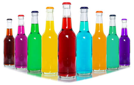 Drinks lemonade cola drink soft drinks in bottles isolated on a white backgroundの写真素材