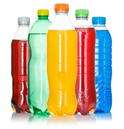 Drinks lemonade cola drink soft drinks in bottles isolated on a white backgroundの写真素材