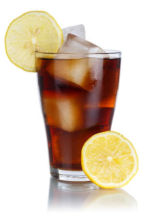 Cola drink lemonade soft drink in a glass with lemon isolated on a white backgroundの写真素材