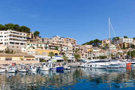 Port de Soller town on Mallorca marina with boats travel traveling holidays vacation city in Spain