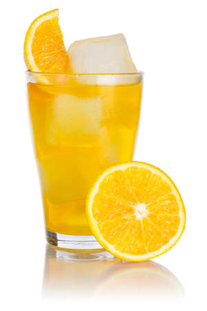 Orange lemonade drink soft drink in a glass with orange fruit isolated on a white backgroundの写真素材