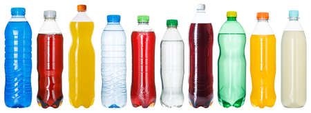 Drinks lemonade cola drink many soft drinks bottles in a row bottle isolated on whiteの写真素材