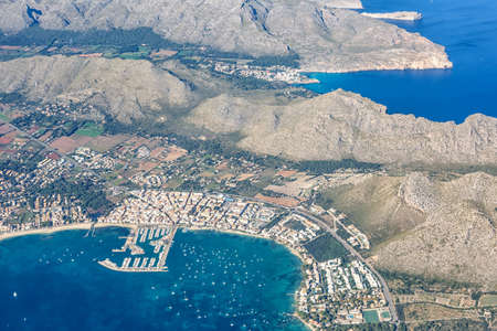 Port de Pollenca on Mallorca marina harbor with boats holidays vacation aerial photo in Spain tourismの写真素材