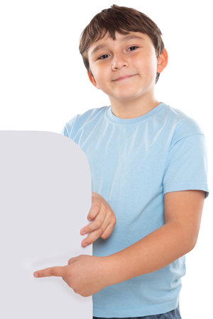 Child kid showing pointing on empty blank sign copyspace copy space marketing ad advert isolated on a white background portrait formatの写真素材