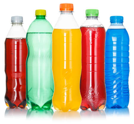 Drinks lemonade cola drink soft drinks in bottles isolated on a white backgroundの写真素材