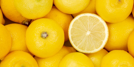 Lemon fruits lemons fruit background from above panorama top viewの写真素材