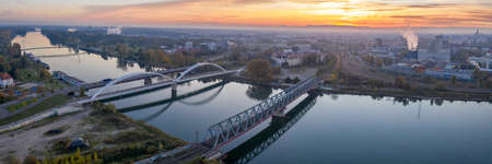 Bridges bridge over Rhine river between Kehl and Strasbourg Germany France aerial photo panorama viewの写真素材