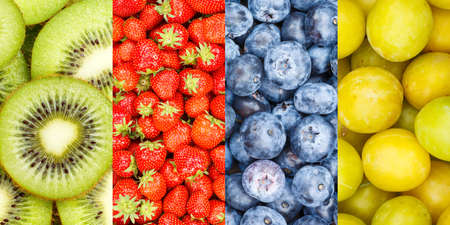 Collection of fruits fruit collage background with strawberries strawberry fresh berries berry blueberries blueberry vitaminsの写真素材